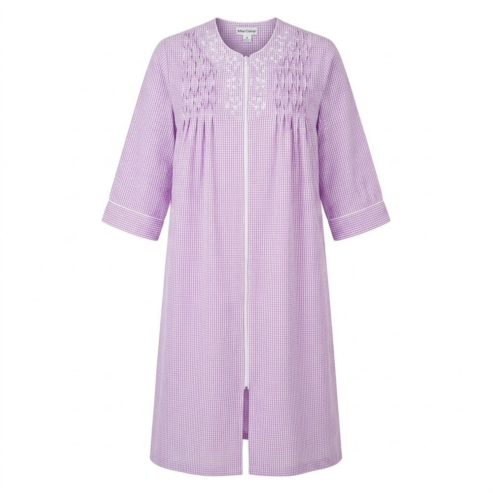 NEW Miss Elaine Lilac Gingham Zip Front Smocked Robe Housecoat Medium